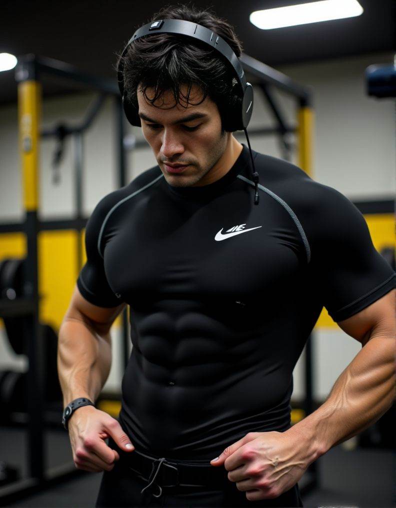 kirk bondad ,  A detailed low-angle image. in exceptional quality. He is in a gym with a predominance of black and a littl...