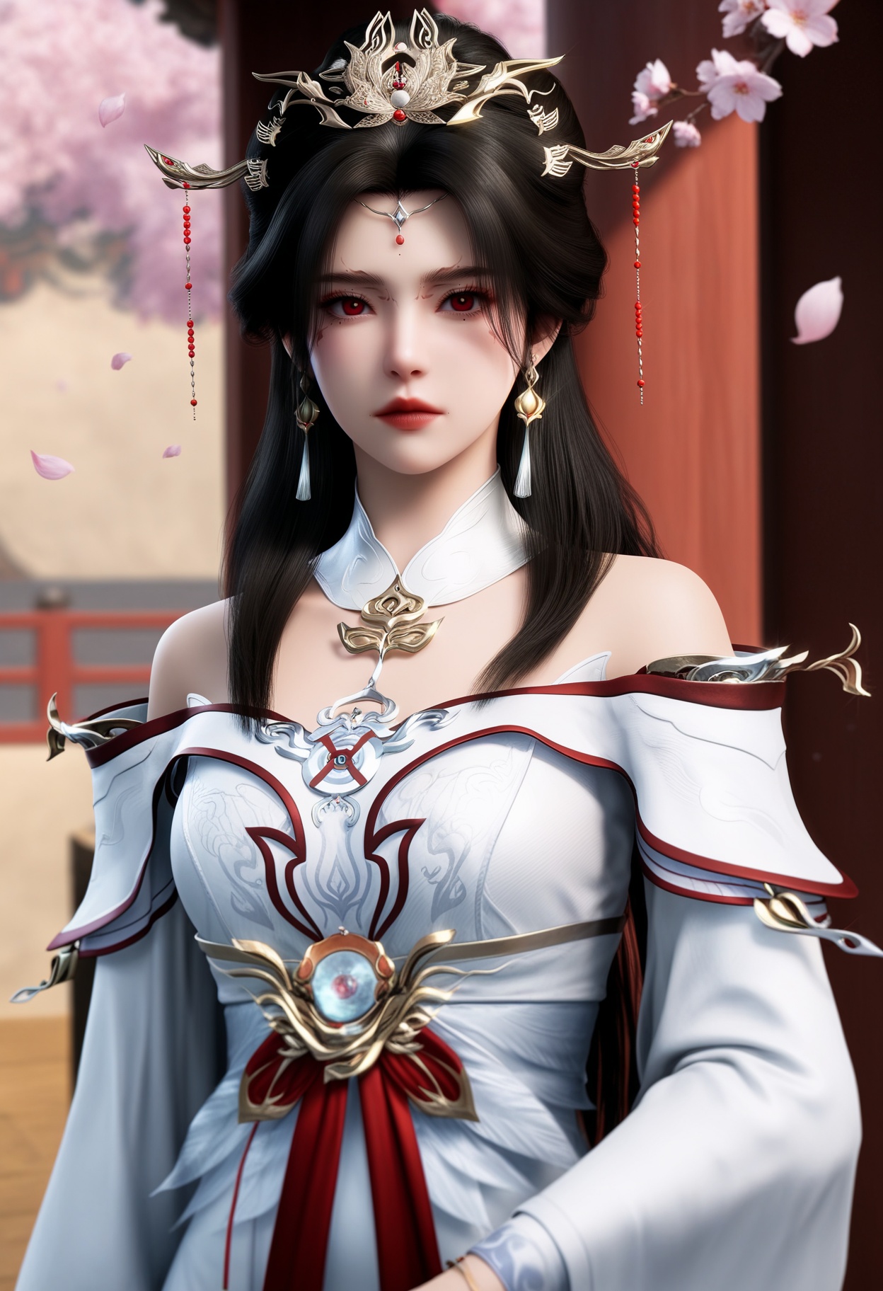 masterpiece,best quality,amazing quality,very aesthetic,high resolution,ultra-detailed,absurdres,scenery,photorealistic,(looking at viewer:1.1),upper body,(moody lighting:1.1),peach blossom,falling petals,(large breasts:0.8),yaoxixue,1girl,solo,long hair,black hair,jewelry,hair ornament,earrings,dress,bare shoulders,white dress,closed mouth,red eyes,tiara,facial mark,long sleeves,detached collar,expressionless,forehead mark,hair bun,white footwear BREAK photorealistic details,<lora:QQSillyaoxixueV1:0.8>,