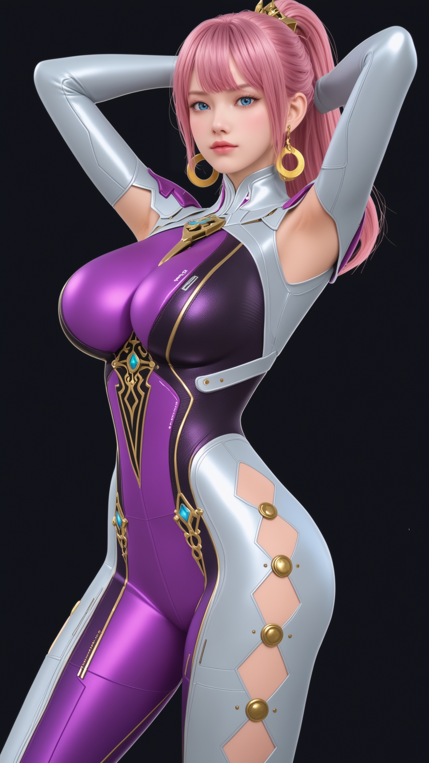 (perfect_anatomy:1.1),(armpits:1.1),(arms up:1.1),standing,(cowboy shot:1.1),<lora:YQponyCFbulianshiV6:0.8>,q1528437228,solo,1girl,bodysuit,pink_hair,skin_tight,ponytail,earrings,breasts,jewelry,long_hair,high_heels,gloves,blue_eyes,fingerless_gloves,(looking_at_viewer:1.1),(huge breasts:1.1),perfect_anatomy BREAK perfect_anatomy,solo focus,(score_9:1.2),masterpiece,(best quality:1.1),(simple background,pure black background,black background:1.3),(simple_background:-1),(white background:-1),(blurry:-1.2),(mutated_hands:-1.2),perfect_anatomy,