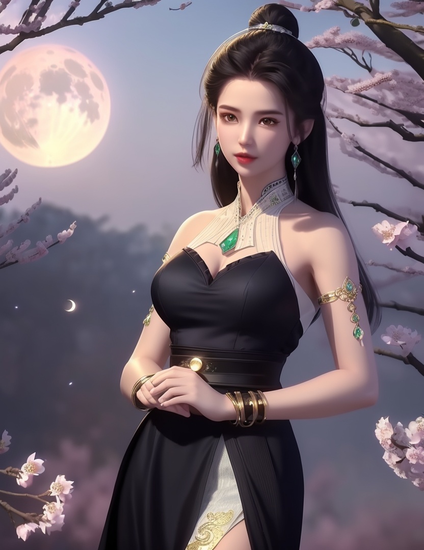 ultra realistic 8k cg, picture-perfect face, flawless, clean, masterpiece, professional artwork, famous artwork, cinematic lighting, cinematic bloom, perfect face, beautiful face, fantasy, dreamlike, unreal, science fiction,  beautiful clothes, lace, lace trim, lace-trimmed legwear,  (rich:1.4), prestige, luxury, jewelry, diamond, gold, pearl, gem, sapphire, ruby, emerald, intricate detail, delicate pattern, charming, alluring, seductive, erotic, enchanting, hair ornament, necklace, earrings, bracelet, armlet,halo((,1girl, ,))(((,,full moon,cherry, cherry blossoms, 1girl, tree, spring_\(season\), solo, black_hair,chinese clothes,looking at viewer, upper body, )))  <lora:DA_LanLingErAdult:0.6>