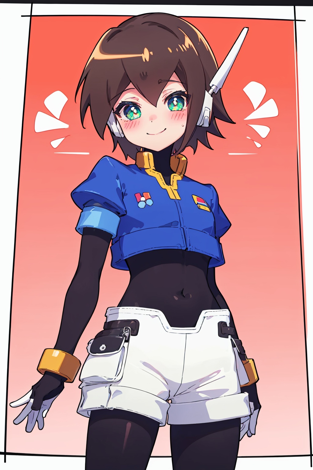 masterpiece,best quality, highly detailed, 1girl,aile (mega man zx),legwear under shorts,short over long sleeves,shorts,solo,spandex,bodysuit,gloves,looking at viewer,smile,blush,skin tight,<lora:aile_(mega_man_zx):1>