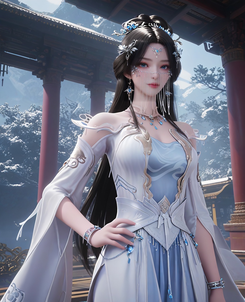 (oriental architecture, elegant decor, sophisticated style:1.1),(standing with hand on her hip:1.1),(breasts:1.2),<lora:XL16遮天安妙依:0.95>,miss anmiaoyi,white sheer fabric dress,light blue camisole,blue eyes,chain drop veil,forehead pendan,black hair,traditional chinese updo with long front strands,very long hair,hair ornament,jewelry,sash,light blue petticoat,, score_9,score_8_up,score_7_up,score_6_up,score_5_up,score_4_up,3d rendering,tag1,tag2, Cinematic Lighting,backlighting,