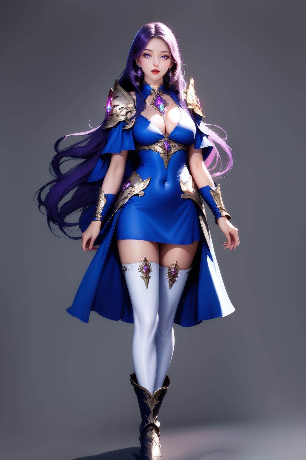 <lora:20250501_AgainGameCharacterLora:1>, 1girl, breasts, solo, long hair, very long hair, jewelry, earrings, thighhighs, full body, shoulder armor, cleavage, dress, purple hair, looking at viewer, blue eyes, armor, pauldrons, large breasts, black thighhighs, blue dress, standing, red lips, grey background, lips, covered navel, gem, parted lips, short dress, simple background, boots, blue footwear, medium breasts