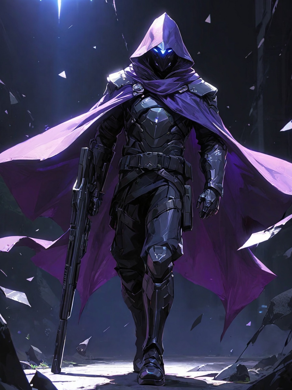 weapon,Omen,gun,male focus,hood,1boy,holding gun,holding weapon,holding,solo,armor,cloak,purple cape,pouch,facing viewer,gloves,black pants,rifle,hood up,cape,this digital artwork features a futuristic,armored warrior with a sleek,black,high-tech suit and a hooded purple cloak. the character's face is obscured by a glowing,blue,triangular visor.,looking_at_viewer,real,ray tracing,ultra sharp,ultra high resolution,(masterpiece),(best quality),super detailed,extremely delicate and beautiful,exquisite facial features,super delicate face,cinematic light,detailed environment,ultra realistic details,facing camera,finely detailed features,cinematic lighting effects,photoreal,32k uhd,cinematic lighting effects,