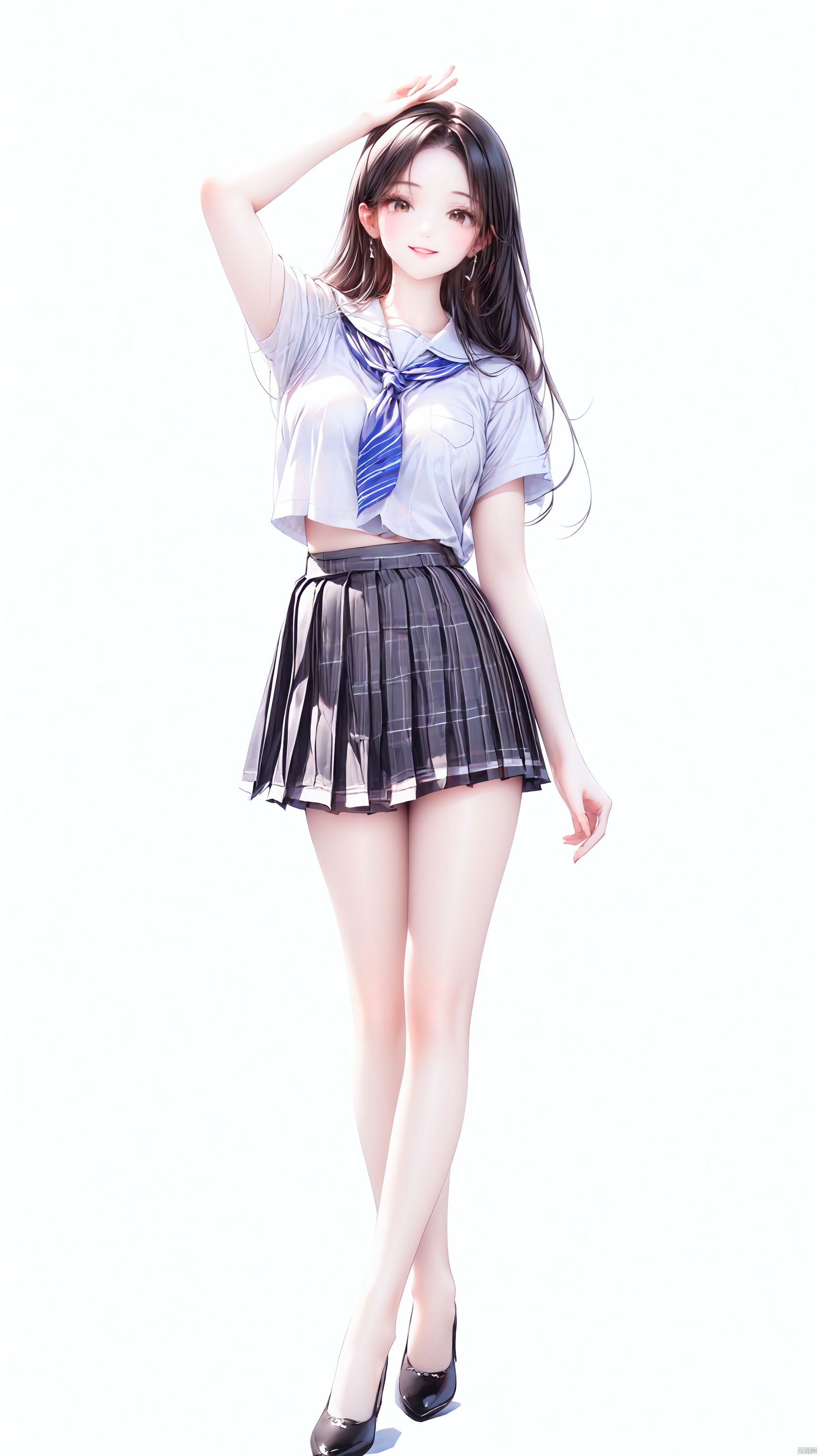 ——1girl, solo, long hair, looking at viewer, smile, skirt, simple background, shirt, black hair, white background, brown eyes, school uniform, standing, full body, white shirt, short sleeves, pleated skirt, shoes, black footwear, lips, plaid, plaid skirt, Medium breast,Black High Heels,High Heels——Hands up, hands behind your head——Medium breast,Beautiful Legs——Arms up——shuijingxie,smile——(Dynamic Pose: 1.5)——Clear hand contour,Hand intact,Five fingers of the hand are clear——1girl, ——, 1girl<lora:EMS-93-EMS:0.800000>, <lora:EMS-27162-EMS:0.300000>, <lora:EMS-254762-EMS:0.500000>, <lora:EMS-69165-EMS:0.500000>, <lora:EMS-368368-EMS:0.800000>