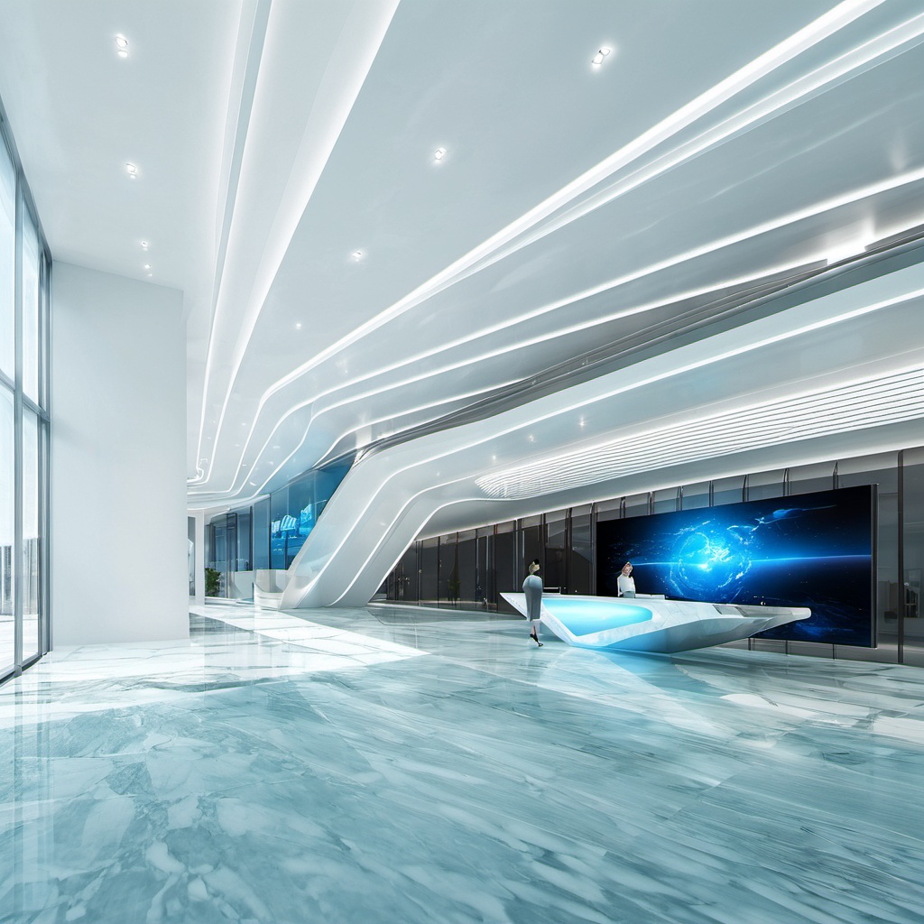 LIUXIANjiegou,Top surface streamlined ladder modeling, white ceiling, light infiltration, wall streamlined modeling, LED screen, hall, front desk, people, gray marble floor, White Space, Futuristic spatial tone, masterpiece,High quality,4K,professional lighting,VRAY rendering