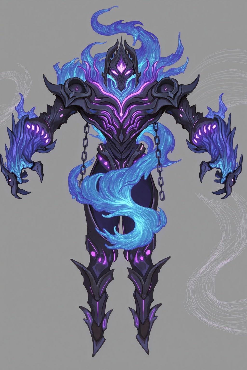 HEZI,Elemental Spirit,Character design,full body,white background,game character,Light Texture,Water Ripple Texture,Flame Texture,Wave texture,Flame Arm texture grey background,armor,solo,male focus,glowing,simple background,shoulder armor,chain,gauntlets,glowing eyes,fire,pauldrons,helmet,standing,full body,claws,