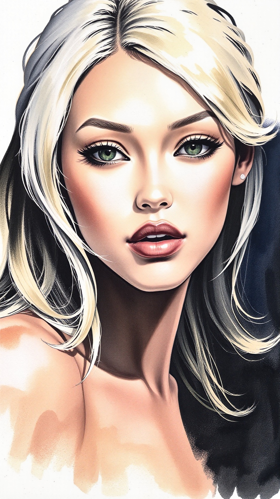 This is a hand-drawn ilustration of a young woman with striking features. She has a fair,  glowing complexion with a sligh...