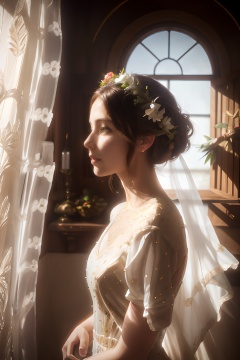 Female side face,close-up photo,she stands in front of the window,the sun shines through the window on her face and body,her hair is combed into a low bun and decorated with garlands,her white lace dress,the light creates a beautiful shadow on the dress,the expression is serene.,absurdres,profile,cinematic_angle,