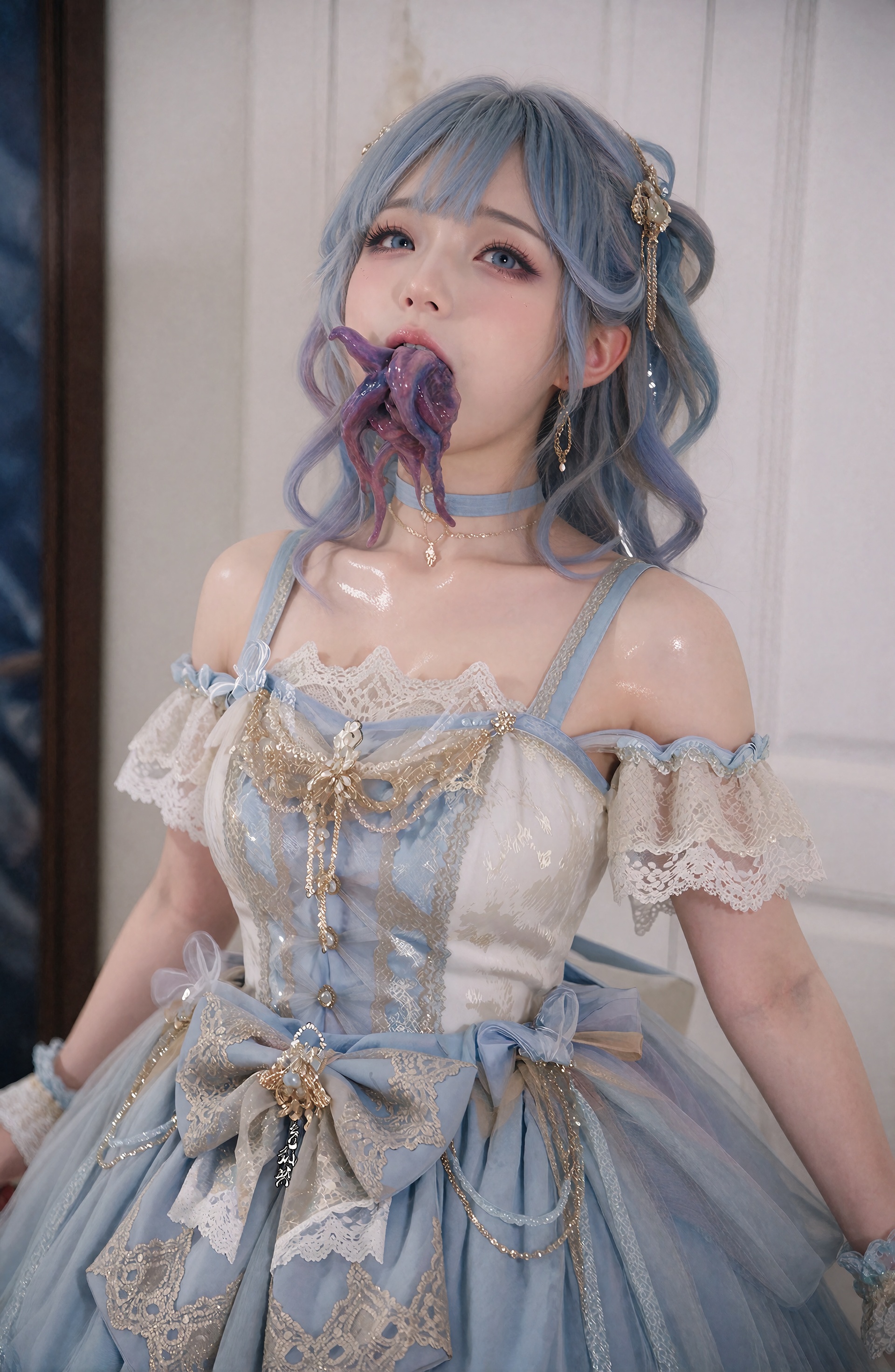 a photo-realistic shoot from side view of an ***** Asian woman with light blue hair styled in an updo,  she has blue eyes,...