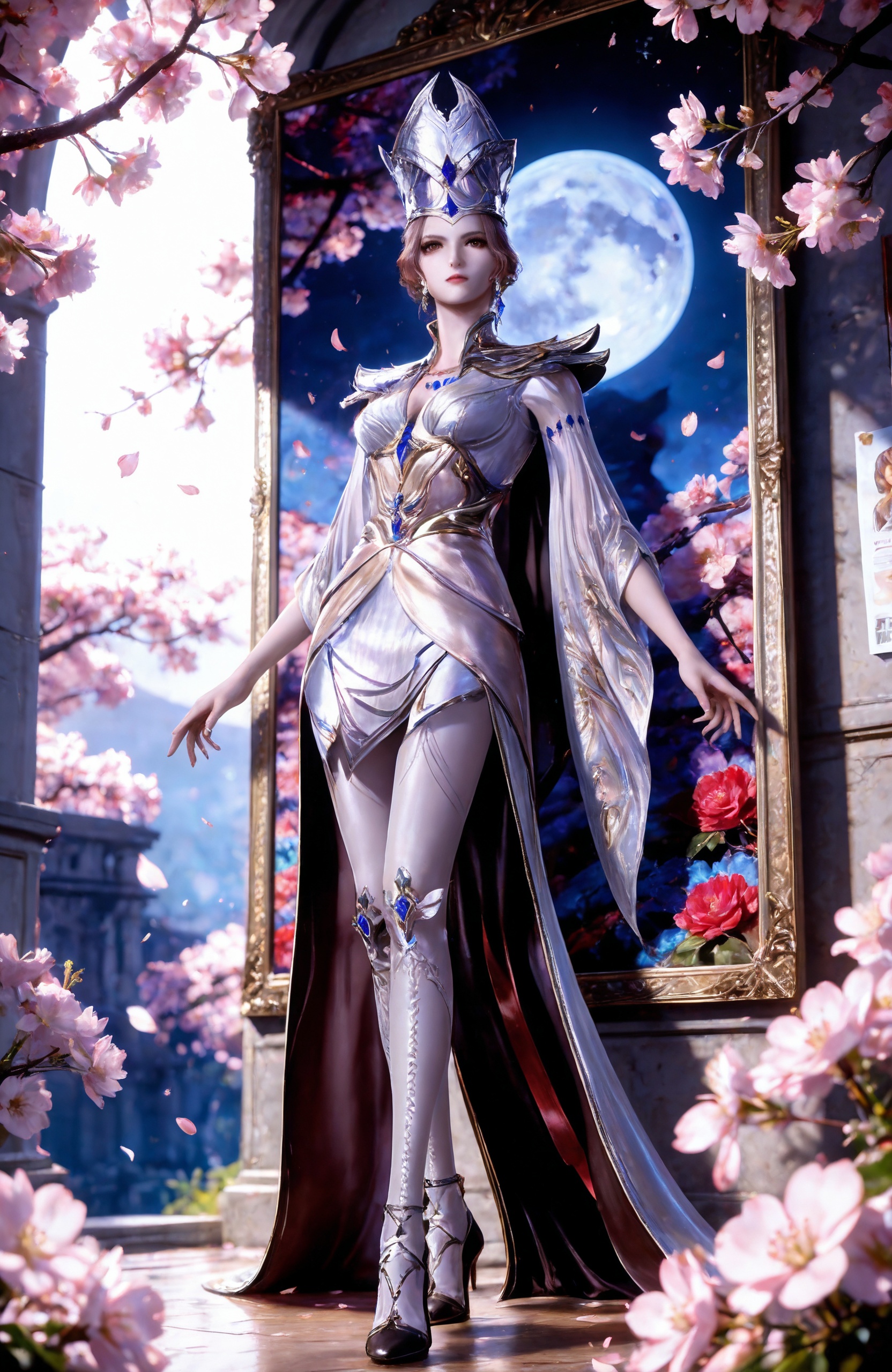 <lora:斗罗大陆1-比比东IL:0.7> 1girl, brown eyes, brown hair, hat, armor, white dress, jewelry, gem, earrings,  crown,pantyhose,high heels,, masterpiece,best quality,solo,1girl,upper body,petals,looking at viewer,moon,branch,cherry blossoms,flower,extreme aesthetic,(quasarcake:0.7),masterpiece,best quality,good quality,newest,very aesthetic,absurdres,A shot with tension,(Visual impact,giving the poster a dynamic and visually striking appearance:1.2),impactful picture,offcial art,colorful,splash of color,movie perspective,