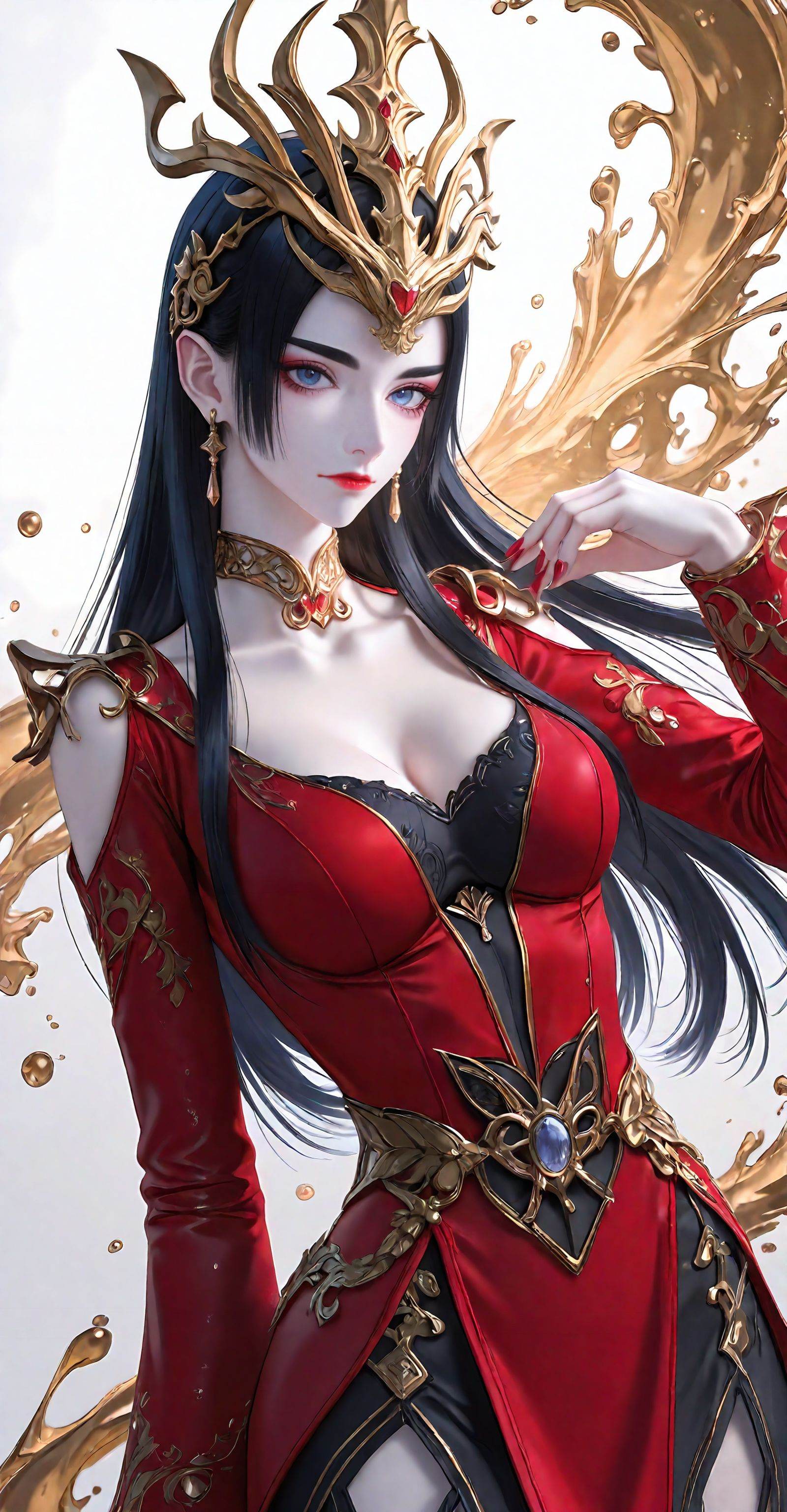 <lora:美杜莎ill-0.0798:0.8>,meidusha,1girl,jewelry,solo,earrings,black hair,breasts,long hair,blue eyes,clothing cutout,red dress,hair ornament,dress,looking at viewer,red nails,closed mouth,cleavage,crown,white_background,close-up details,outstanding style,adding a touch of dimension to your images without compromising details,whirls of vapor,iridescent textures,(Anime:1.1),ethereal ambiance,delicate details,magical high-concept,32K UHD,sharp focus,best-quality,masterpiece,golden hour,unconventional supreme masterpiece,masterful details,temperate atmosphere,with a high-end texture,in the style of fashion photography,photography,cover,dynamic angle,dynamic posture,(artist:quasarcake:0.8),extreme aesthetic,(wlop:0.6),(honjou raita, lack, rella:0.5, wanke),masterpiece,best quality,good quality,very aesthetic,absurdres,visual impact,a shot with tension,ultra-high resolution,32K UHD,sharp focus,best-quality,masterpiece,emotionalization,unconventional supreme masterpiece,masterful details,temperate atmosphere,with a high-end texture,in the style of fashion photography,(visual impact:1.2),giving the poster a dynamic and visually striking appearance,impactful picture,official art,colorful,splash of color,movie perspective,masterpiece,best quality,amazing quality,very aesthetic,absurdres,best quality,newest,