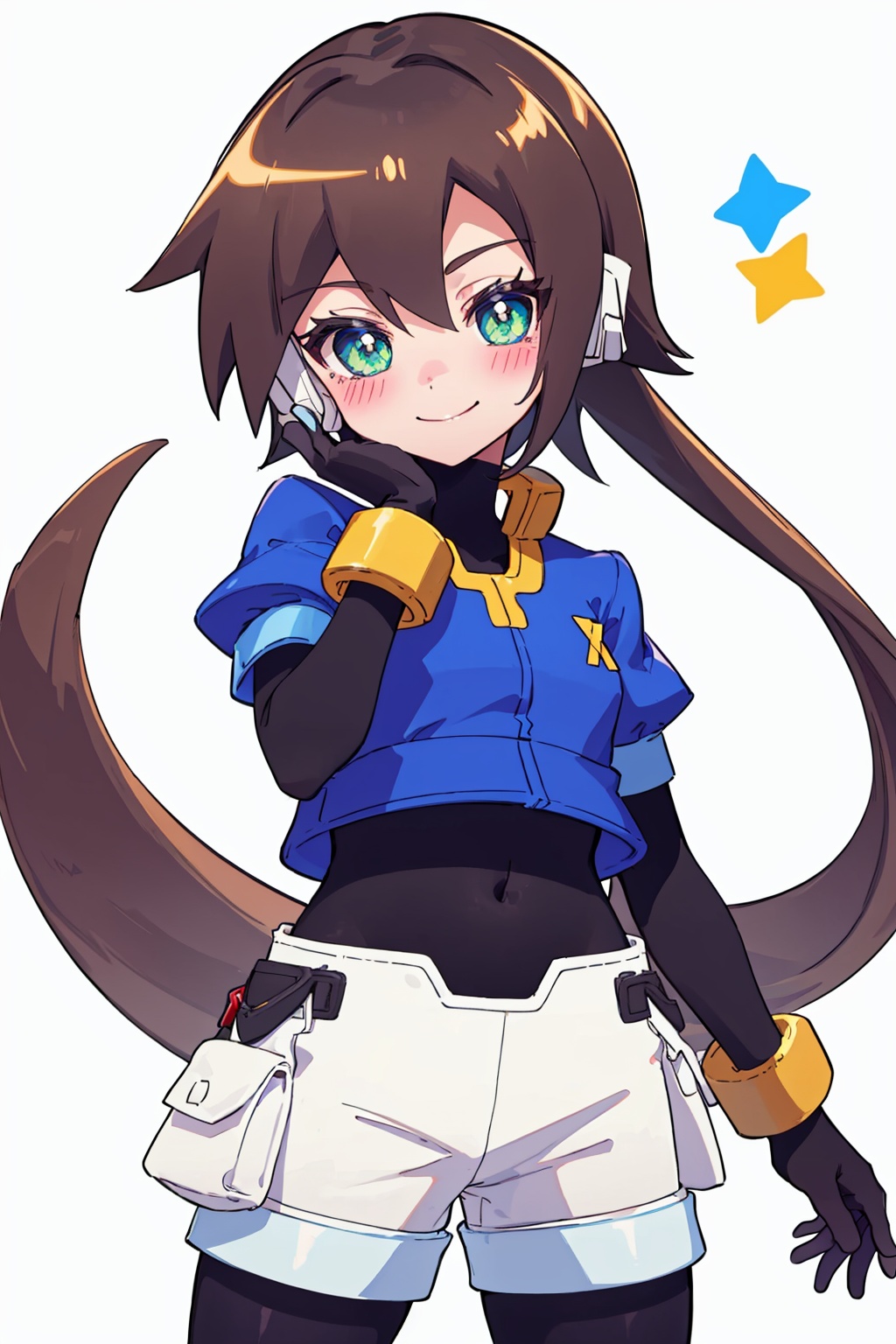 masterpiece,best quality, highly detailed, aile (mega man zx),1girl, smile, solo, legwear under shorts, white background, short over long sleeves, simple background, looking at viewer, blush, bracelet, spandex, closed mouth, gloves, white shorts, puffy short sleeves, bodysuit, signature,<lora:aile_(mega_man_zx):1>