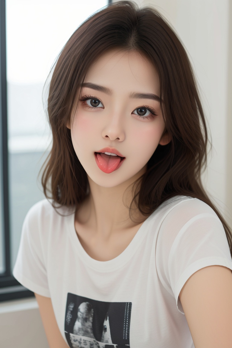 2.5D,naughty,<lora:俏皮吐舌头:1.1>,tongue out,masterpiece,best quality,1girl,((beauty face:0.8)),8K,whole body,t-shirt,