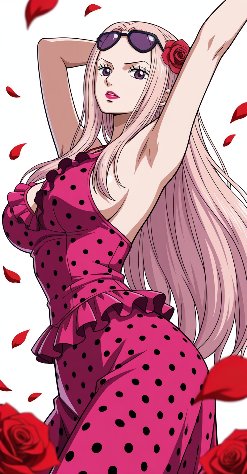 <lora:日奈-000017:0.6>,Hina one piece,Hina\(one piece\),sunglasses,eyewear on head,pink hair,long hair,lipstick,makeup,large breasts,1girl,breasts,solo,polka dot,flower,dress,rose,polka dot dress,large breasts,red flower,armpits,petals,red rose,arms up,sideboob,sleeveless,frills,rose petals,depth of field,masterpiece,best quality,very aesthetic,alternate costume,alternate costume,2024,2023,perfect composition,ultra-detailed,extreme aesthetic,masterpiece,best quality,good quality,newest,year 2024,year 2023,very aesthetic,absurdres,looking_at_viewer,colorful,white_background,simple background,