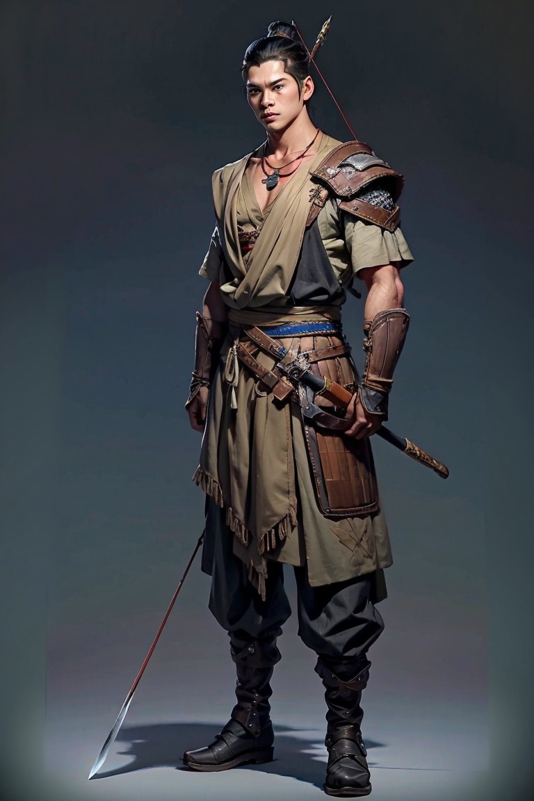 JYGL 1boy arrow \(projectile\) black hair boots bow \(weapon\) full body jewelry male focus necklace solo standing sword weapon,<lora:金庸古龙20240110-1704831963137-0010:0.8>,