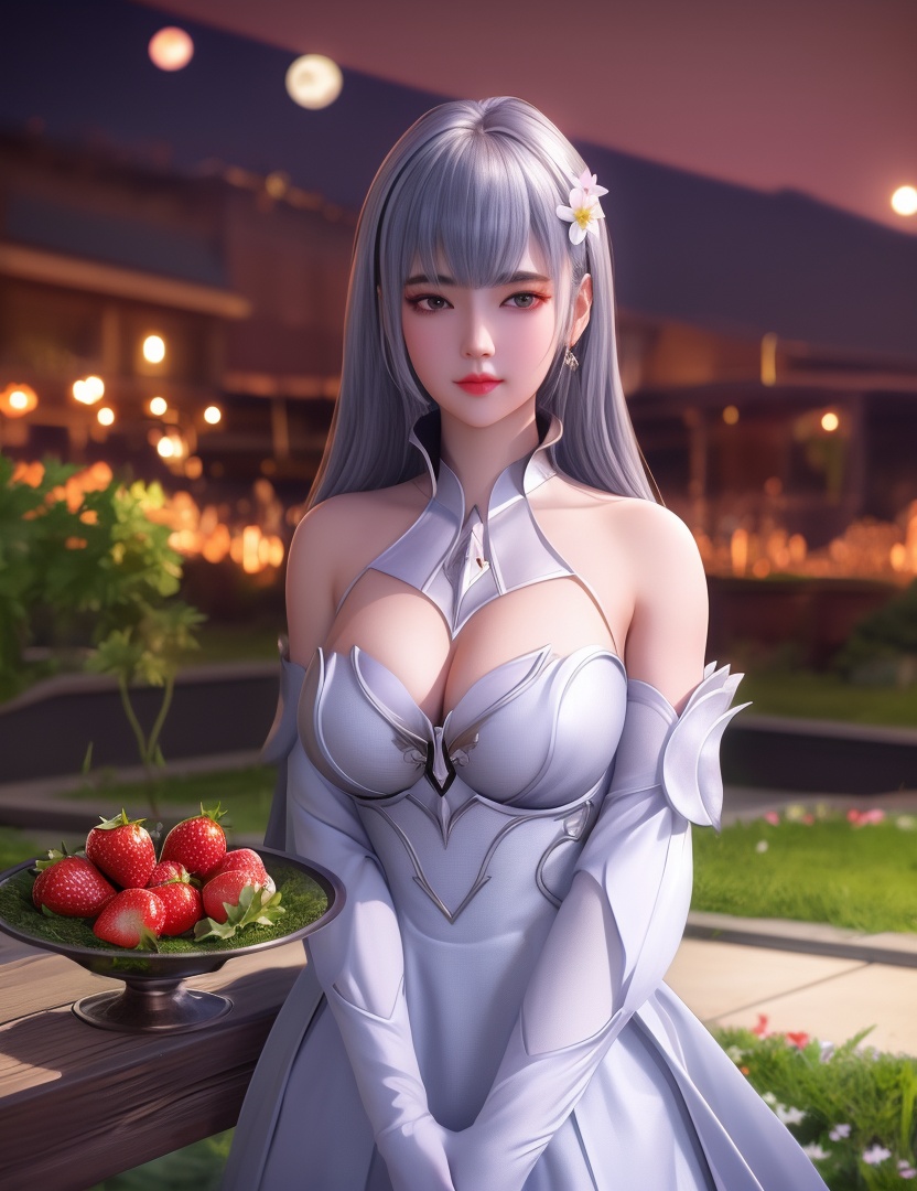 <lora:532-DA-斗罗大陆-叶泠泠:0.8>(,1girl, ,best quality, ),looking at viewer,  ,ultra detailed background,ultra detailed background,ultra realistic 8k cg, , ,masterpiece, (( , )),, ultra realistic 8k cg, ,      ,lily \(flower\) ,full moon ,strawberry blossoms      (cleavage), (),