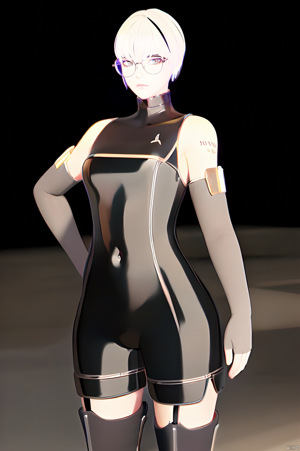 1girls, solo, hime cut, latex, white short hair, glasses, barcode tattoo<lora:EMS-346315-EMS:0.800000>