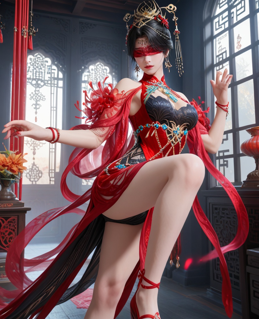 (oriental architecture, elegant decor, sophisticated style:1.1),(Kicking one leg up:1.1),confident,(breasts:1.2),<lora:XL16永劫无间宁红叶赤皓新囍红:0.95>,miss ninghongye,red and black tiered dress,blindfold,black hair,traditional chinese updo,hair ornament,jewelry,earrings,, score_9,score_8_up,score_7_up,score_6_up,score_5_up,score_4_up,3d rendering,tag1,tag2, Cinematic Lighting,backlighting,