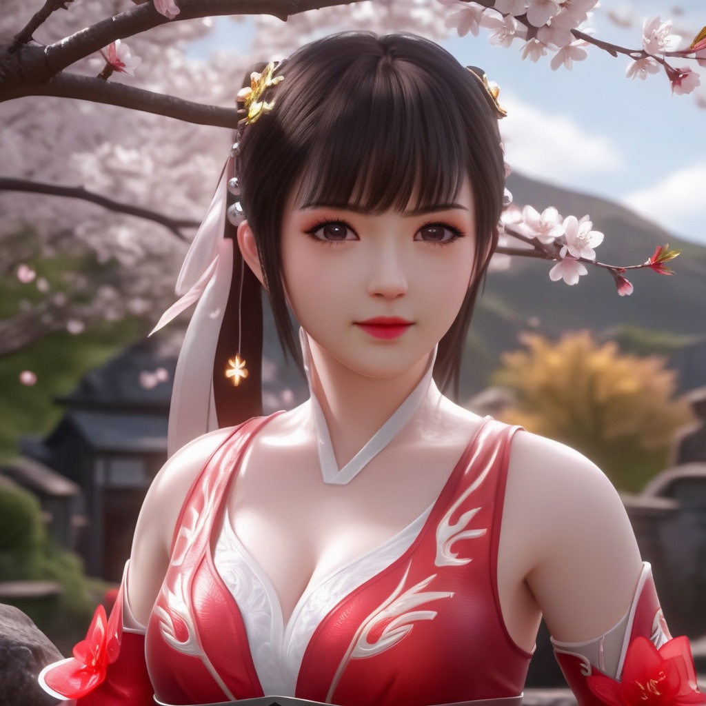 <lora:848-DA-XL-完美世界-火灵儿-幼年:0.8>, (,1girl, ,best quality, ),,  ultra realistic 8k cg,ultra detailed 8k cg,masterpiece,upper body,  (( , )),, ,science fiction,mole, ,    ,outdoors, sun,sunlight, cherry blossoms,      (cleavage),,  (),