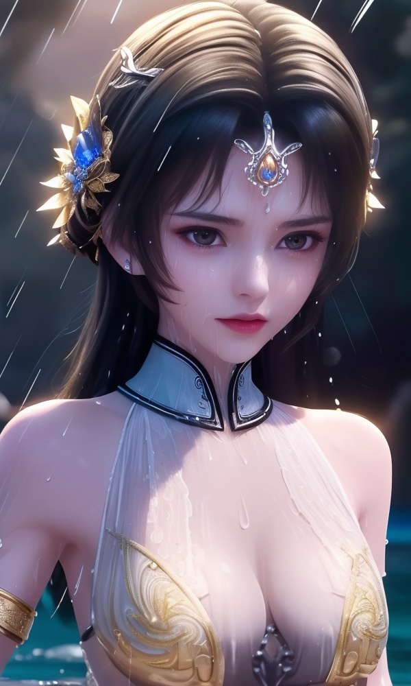 <lora:406-DA-太一剑仙传-钟灵秀:0.8> ,(,1girl, ,best quality, ),looking at viewer, ,ultra detailed 8k cg, ultra detailed background, ultra realistic 8k cg,  ,masterpiece((((1girl, solo,  , ,solo focus, wet,sweat, ocean,rain, water drop, )))) (, , sweatdrop, flying sweatdrops, sweating profusely,colorful drop \(module\), )   clean, masterpiece,     cinematic lighting, cinematic bloom,   , unreal, science fiction, luxury, jewelry, diamond, gold, pearl, gem, sapphire, ruby, emerald, intricate detail, delicate pattern, charming, alluring, seductive, erotic, enchanting, hair ornament, necklace, earrings, bracelet, armlet,halo,