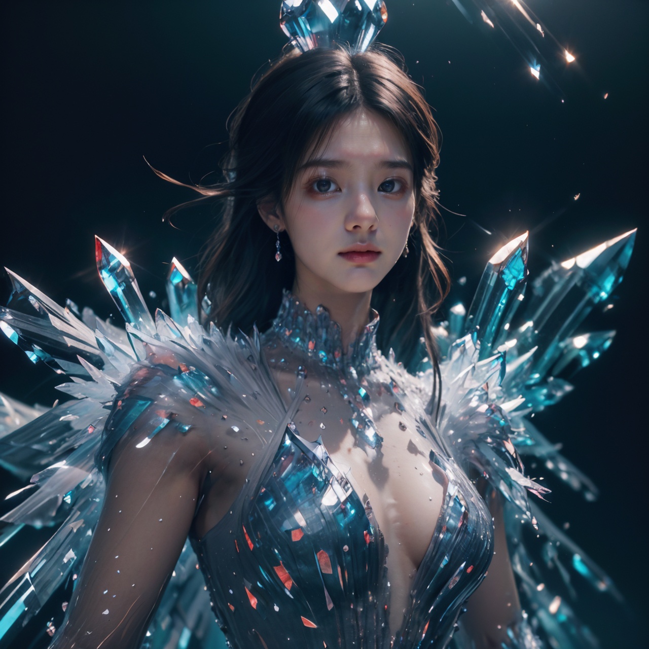 (best quality:1.4),(masterpiece:1.4),(photorealistic:1.4),(Realistic:1.2),(ultra high res, raw photo:1.4),(hdr, hyperdetailed:1.2),(8K:1.2),(1girl:1.2),(upper body:1.4),highly detailed,sharp focus,dynamic lighting,vivid colors,texture detail,particle effects,(black long straight hair:1.5),(white crystalz:1.5),(crystalz dress:1.4),(crystalz wing:1.5),<lora:Again_Crystalz:1>,