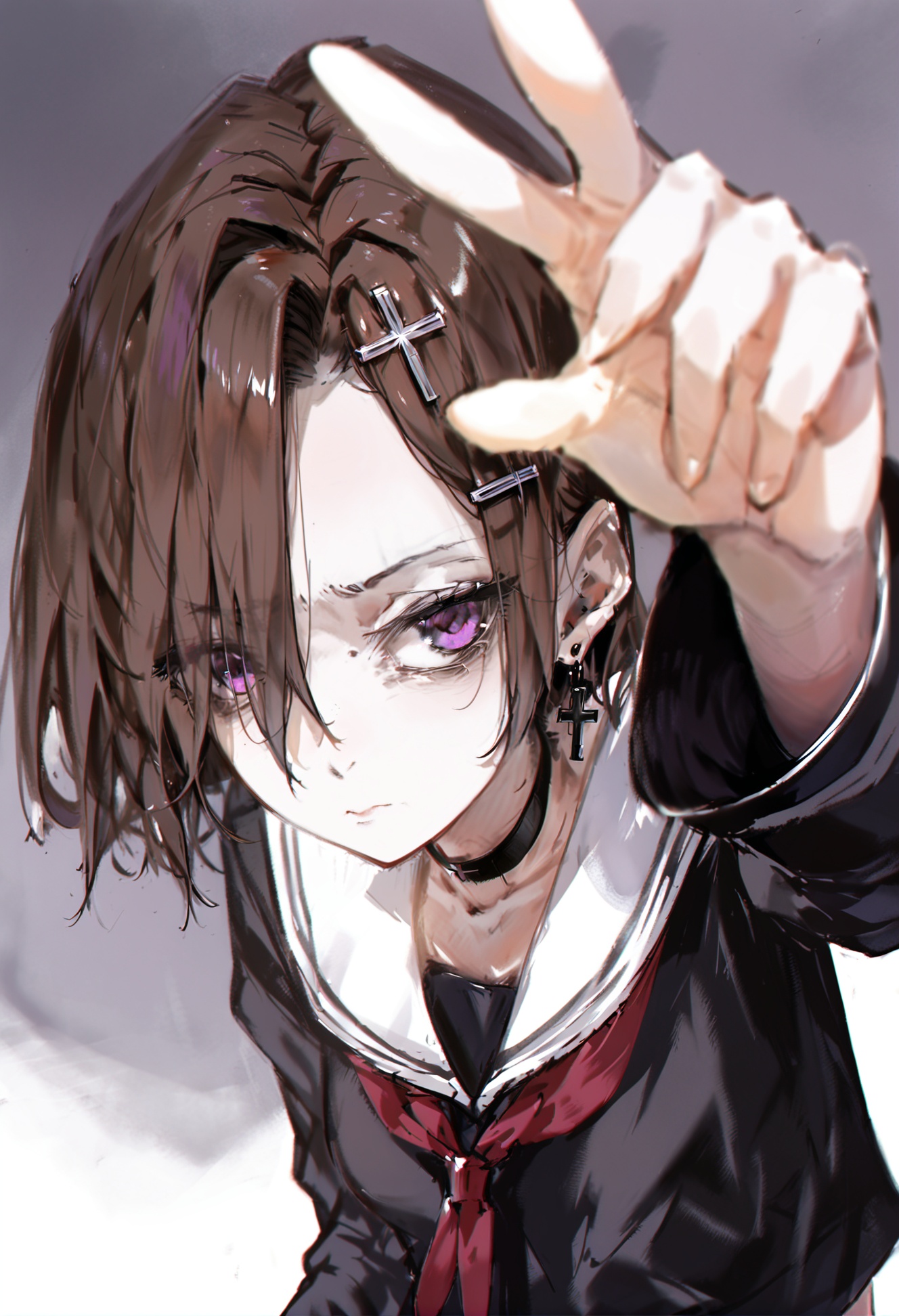 masterpiece, best quality,1girl,   solo, looking at viewer, cross earrings, choker, hair over one eye, cross, hair ornament, purple eyes, earrings, short hair, jewelry, upper body, black choker, sailor collar, cross hair ornament, closed mouth, school uniform, brown hair, serafuku, long sleeves, shirt, breasts, necklace, red ribbon, ribbon, hairclip, eyelashes, latin cross, eyes visible through hair, parted bangs, frown, glaring, black shirt, bags under eyes <lora:DInoballXLlokr8f-000185:0.95>