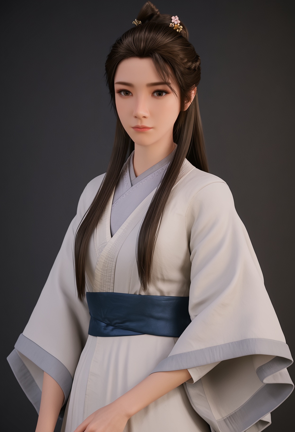 (cowboy shot:1.2),(looking at viewer:1.1),facing viewer,direct gaze,<lora:YQ_pony_xinruyin_V4:0.8>,q1528437228,1girl,solo,long hair,chinese clothes,hanfu,white dress,black hair,brown hair,hair ornament,brown eyes,sash,hair bun,hair flower,black eyes,braid,ponytail,forehead,jewelry,BREAK simple background,pure black background,black background,perfect anatomy,