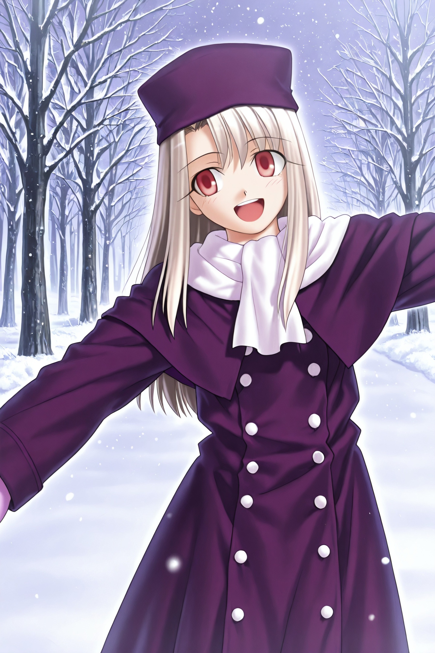 Fate stay night Style,illyasviel von einzbern,1girl,solo,red eyes,long hair,hat,purple headwear,scarf,snow,coat,white hair,outstretched arms,open mouth,snowing,mittens,outdoors,white scarf,smile,spread arms,papakha,<lora:Fate stay night_illustriousXL:1>,