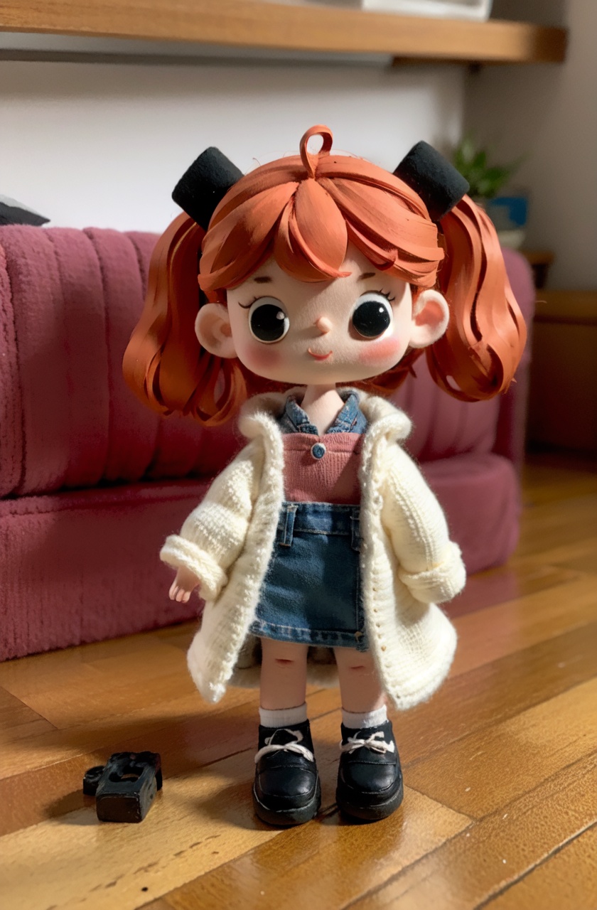 masterpiece,best quality,absurdres,clay style,1girl,solo,smile,coat,orange hair,blue eyes,indoors,window,long hair,twintails,full body,chibi,