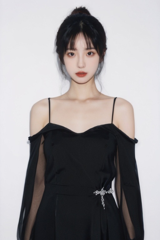 1girl,black evening dress,jewelry,upper body,white background,<lora:photo 拍立得:0.6>