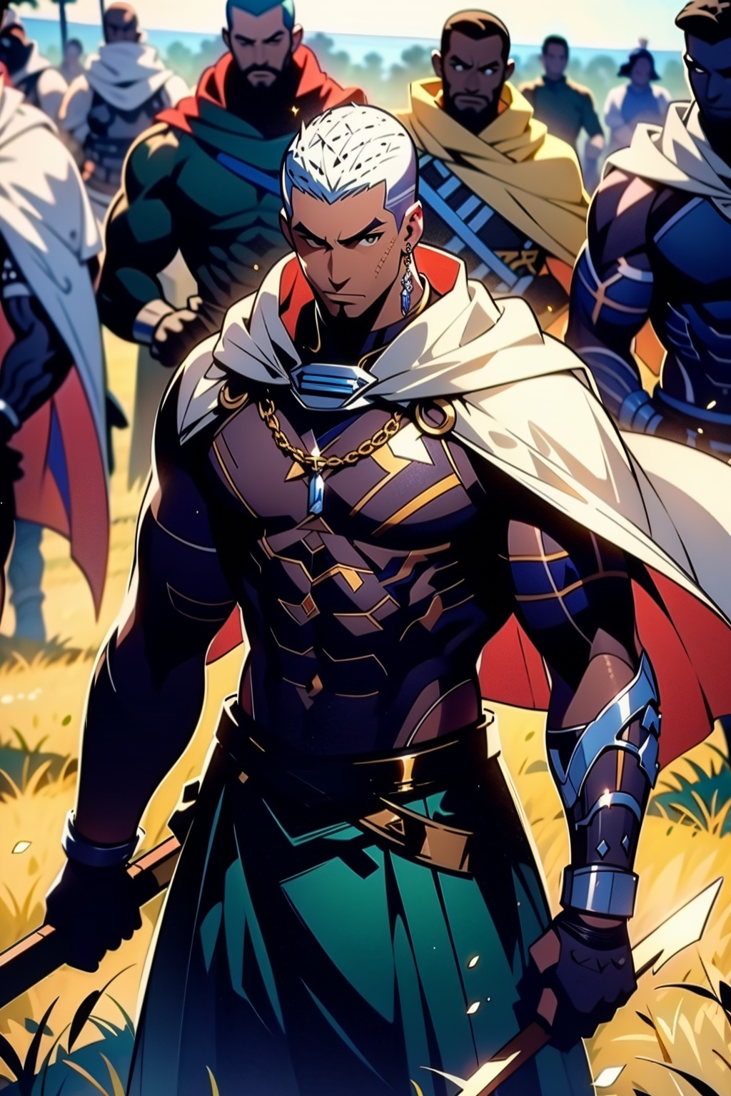 FF,(masterpiece:1.2),best quality,highres,extremely detailed CG,perfect lighting,8k wallpaper,anime,comic,game CG,male focus,dark skin,dark-skinned male,jewelry,cape,outdoors,white cape,solo focus,abs,muscular,1boy,necklace,multiple boys,weapon,facial hair,buzz cut,standing,muscular male,grass,very short hair,clenched hands,polearm,earrings,navel,looking at viewer,