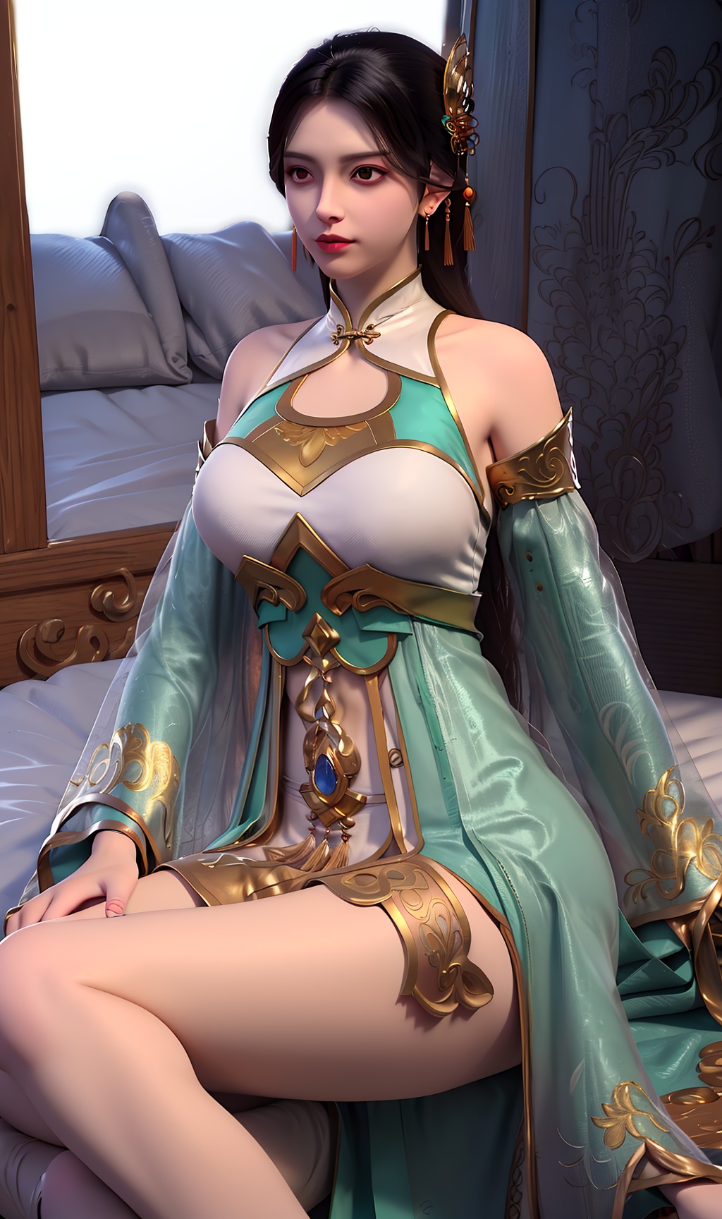 3D,masterpiece,(best quality),(makeup),official art, extremely detailed cg 8k wallpaper,((crystalstexture skin)), (extremely delicate and beautiful),(highly detailed),(face),(tassel),(collar),(gold),,(wide_sleeves),(1girl), (solo), (jewelry), (earrings),(black_hair),(long_hair),(hair_ornament),(handwear),(breasts),(sitting),(upper_body),(off-shoulder_dress),(closed_mouth),(long_skirt),(chinese_clothes),(multicolored_clothes),(multicolored_dress),(shiny_clothes),(city,outdoor,bed),(gown),(shorts),(thighs),,((looking_at_viewer)),((Facing the camera)),, <lora:hipoly3DModelLora_v10:0.3>