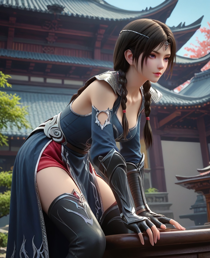 (oriental architecture, elegant decor, sophisticated style:1.1),Sitting on a stool, leaning forward with elbows on knees,,(breasts:1.2),<,,<lora:XL16大主宰安然:0.95>,miss anran, blue gray peplum dress, red petticoat, purple eyes, circlet, black hair, braid, long hair, pauldrons, fingerless gauntlet, black high-heeled thigh boots,, zPDXL2, score_9, score_8_up, score_7_up BREAK realistic, masterpiece,best quality, highly detailed,, zPDXL3, zPDXL2,zPDXL, zPDXLxxx, zPDXLrl,