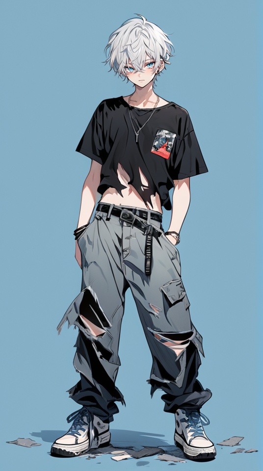 (best quality), ((masterpiece)), (highres), illustration, original, extremely detailed . <lora:日式动漫人设BOY版XL:0.8>jjj, 1boy, black shirt, shirt, male focus, solo, torn clothes, blue eyes, shoes, pants, jewelry, full body, belt, navel, necklace, simple background, hair between eyes, short hair, white hair, looking at viewer, blue background, black belt, short sleeves, white footwear, bracelet, closed mouth, standing, sneakers, torn shirt, hand on hip, grey pants, hand in pocket, bangs, piercing, black pants