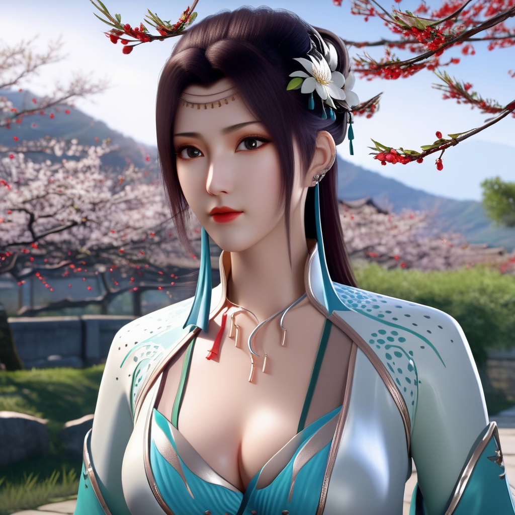 <lora:786-DA-XL-斗破苍穹-云韵-绿服:0.8>, (,1girl, ,best quality, ),looking at viewer,  ,ultra realistic 8k cg,, ,masterpiece, (( , )),, ,   plum blossoms,    ,,  (cleavage),,  (), ,,