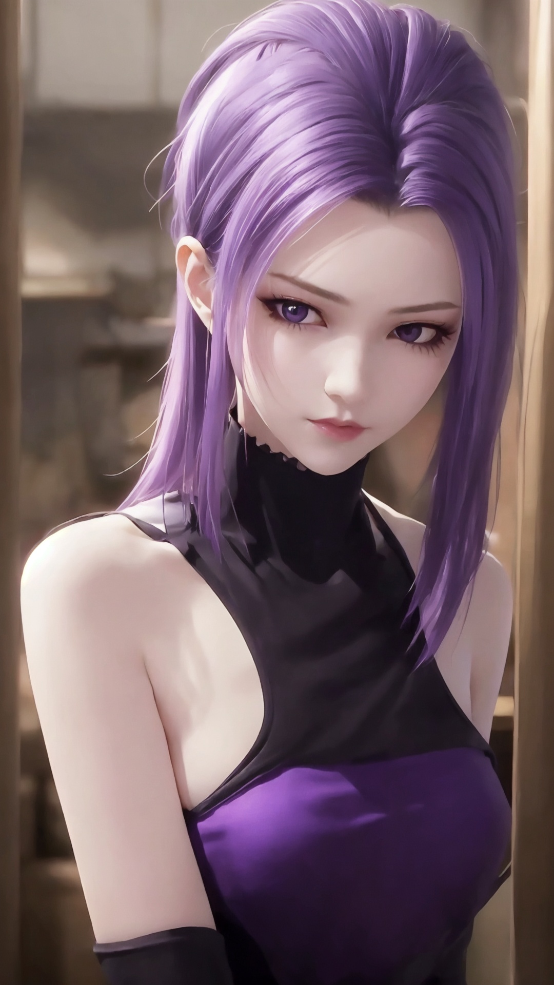 The image is a close-up portrait of a young woman with purple hair. She is wearing a black and purple outfit with a high neckline and long sleeves. Her hair is styled in a messy, spiky manner and falls over her shoulders. She has a serious expression on her face and is looking directly at the camera. The background is blurred, but it appears to be an indoor setting with other people and objects visible. The overall mood of the image is dark and mysterious...,<lora:tyz zi_20241217072752-000016:0.8>,