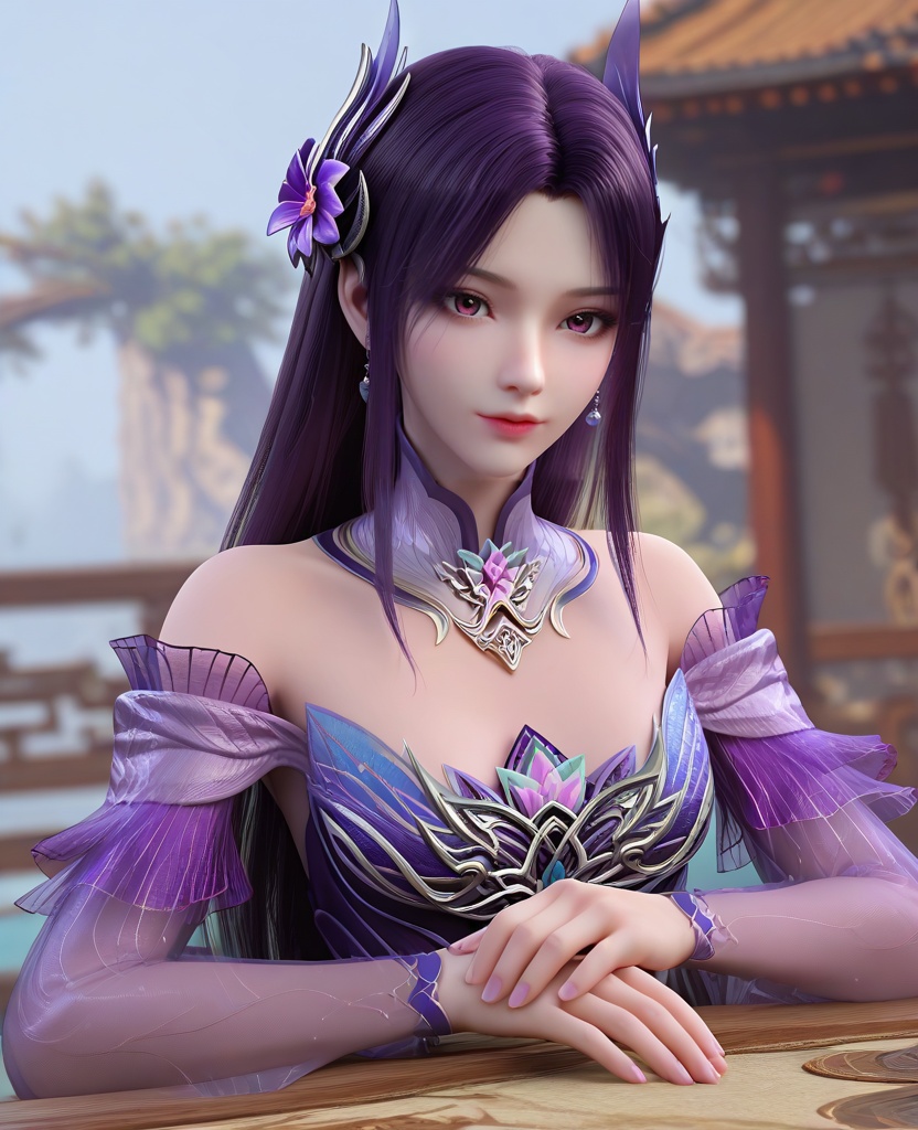 (oriental architecture, elegant decor, sophisticated style:1.1),(Lying down on stomach with head propped up on hands,:1.1),looking at viewer,(breasts:1.2),<lora:XL16斗破苍穹小医仙黑发斗尊:0.95>,miss xiaoyixian,purple dress,rufous eyes,dark purple hair,half-up braid with long cascading hair,hair ornament,bare shoulders,detached collar,wide flowing sleeves with sheer fabric,earrings,jewelry,purple sheer fabric petticoat,sash,spiral foot decoration,purple high heels,, score_9,score_8_up,score_7_up,score_6_up,score_5_up,score_4_up,3d rendering,tag1,tag2, Cinematic Lighting,backlighting,, zPDXL3, zPDXL2,zPDXL, zPDXLxxx, zPDXLrl,