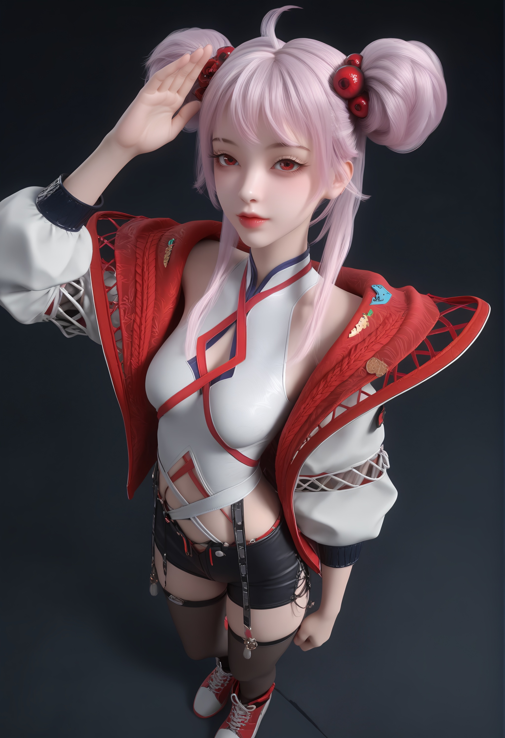 (score_9),<lora:炙珠-apony:0.85>,zizhu,1girl,solo,red eyes,double bun,hair ornament,pink hair,ahoge,open jacket,sleeveless topwear,puffy sleeves,short shorts,single thighhigh,thigh strap,(single_thighhigh),tassel,sneakers,mature_female,collarbone,BREAK<lora:Expressive_H-000001:0.8>,light blush,Expressiveh,looking at viewer,front view,from above,salute,one side up,dutch angle,cowboy shot,standing,<lora:e肤色滑块:0.25>,fair_skin,(pale skin),ultra-detailed skin texture,detailed textures,<lora:皮肤凹痕:1.2>,<lora:RealisticSkinv1_ponyv6_loraplus:0.3>,real skin,BREAKsimple background,black background,<lora:e色温:0.25>,4K ultra HD,sharp focus,high detail,high contrast,