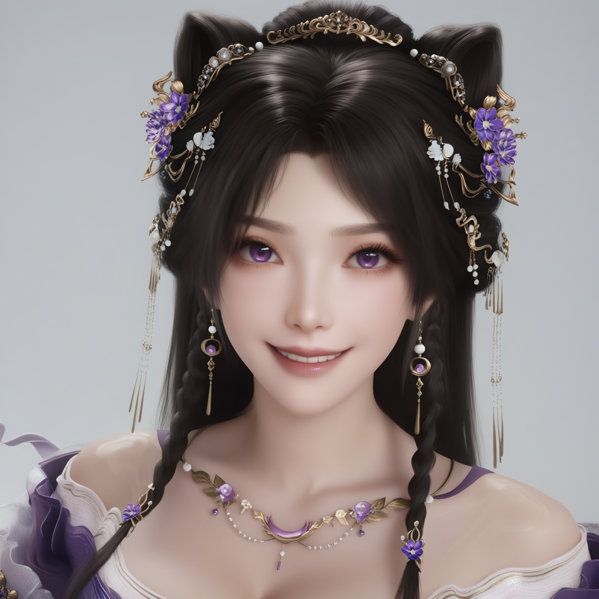 (score_9),light blush,light smile,1girl,solo,<lora:姬紫月-Apony:0.85>,jiziyue,jewelry,hair ornament,black hair,hair flower,long hair,double bun,braid,earrings,off-shoulder dress,purple dress,necklace,purple eyes,collarbone,cleavage,large breasts,BREAKsolo focus,upper body,front view,<lora:e肤色滑块:0.8>,(light_skin),(white_skin),BREAKsimple background,white background,