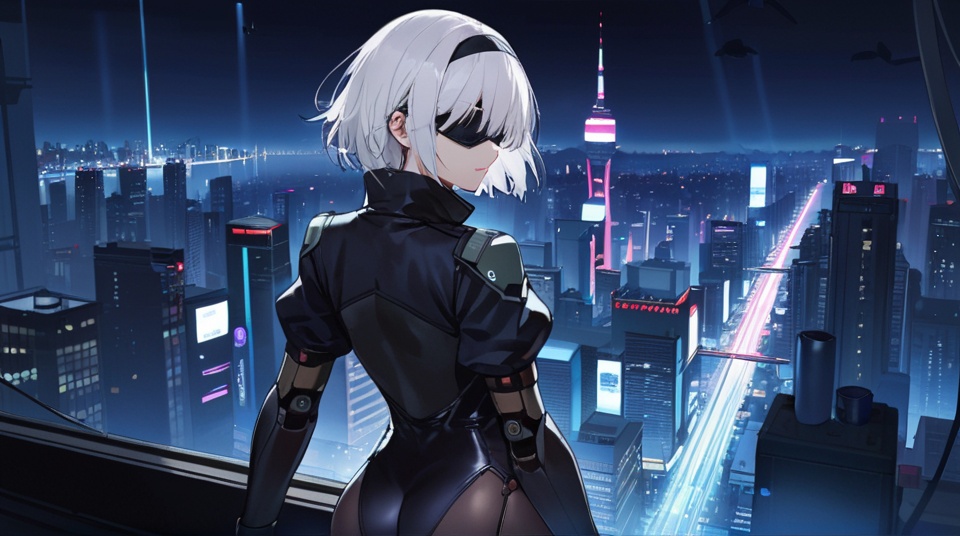 (best quality), ((masterpiece)), (highres), illustration, original, extremely detailed,<lora:SNQX:0.7>1girl, yorha no. 2 type b, white hair, jacket, weapon, solo, short hair, from behind, hairband, robot joints, joints, holding, night, black blindfold, cityscape, black jacket, black hairband, blindfold, holding weapon, city, cyberpunk, alternate costume, building, leotard, gun, city lights, outdoors