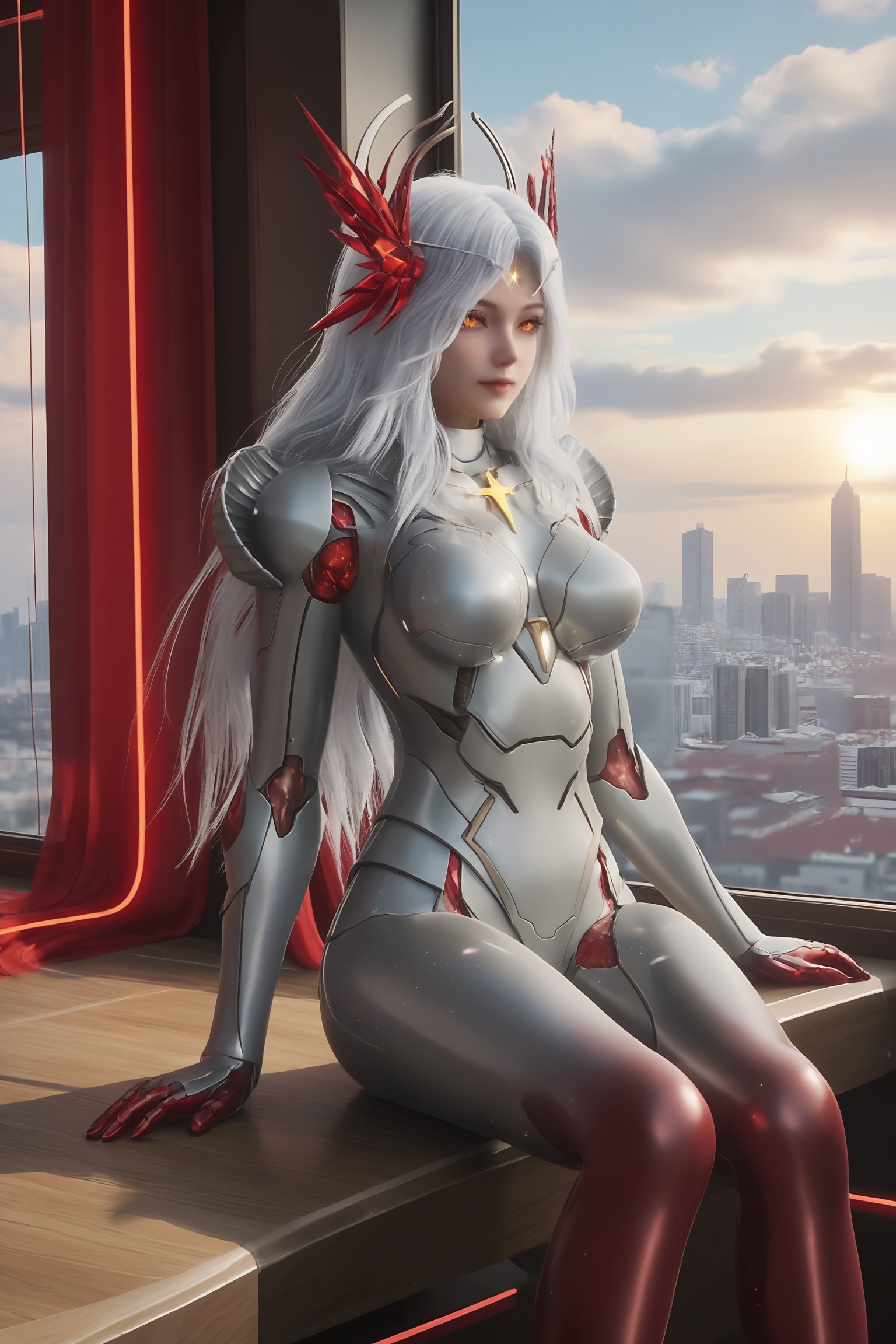 1girl,solo,sitting,window,frills,sky,cloud,indoors,cityscape,closed_mouth,sun,looking at viewer,<lora:吞噬星空-星幻王Pony:0.7>,1girl,long,flowing white hair,sleek,form-fitting suit made of shiny,metallic armor  with red accents,high collar,Silver and red gradient legs