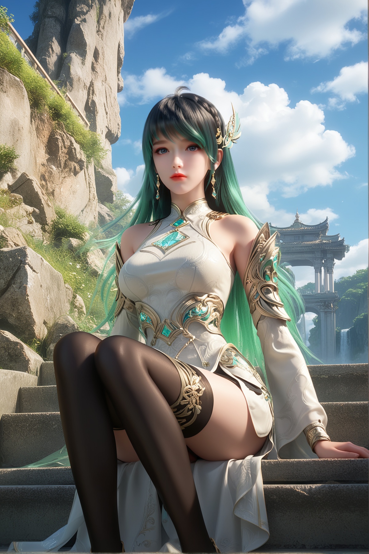 score_9,score_8_up,score_7_up,<lora:wy_linziyue_bz_XL7.0:0.8>,1girl,long hair,breast,medium breast,earrings,hair_ornament,dress,thighhighs,black hair,jewelry,black thighhighs,white dress,green hair,multicolored hair,stairs,blue_sky,cloudy,simple background,sitting,