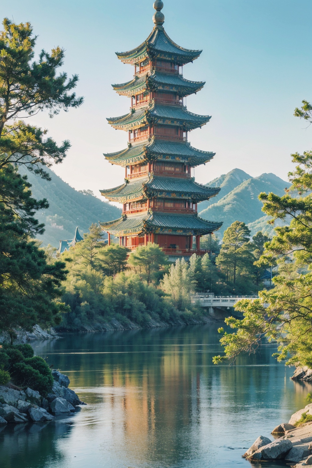 Realistic,best quality,masterpiece,8K,HDR,RAW,(1girl:1.6),solo,<lora:add_detail:0.6>,mount,water,foge,chinese style,tower,flower,<lora:ENNE 只此青绿_v10:0.7>,zcql,<lyco:GoodHands-beta2:1>,