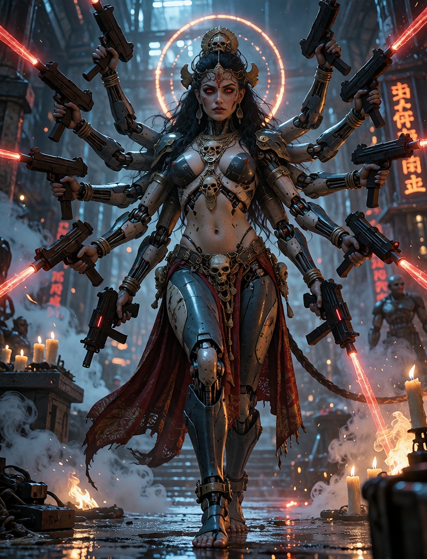 Kali-inspired multi-armed Indian goddess transformed into a futuristic android,  standing in a powerful dominant pose,  mu...