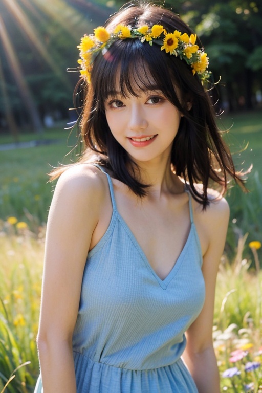masterpiece,best quality,ultra high res,summerstyle, poolstyle, smile,1girl,upper body, mugglelight, a girl with a flower crown, standing in a sunlit meadow, the warm rays creating a halo of light around her, floral serenity, natural beauty.korean girl,black hair,