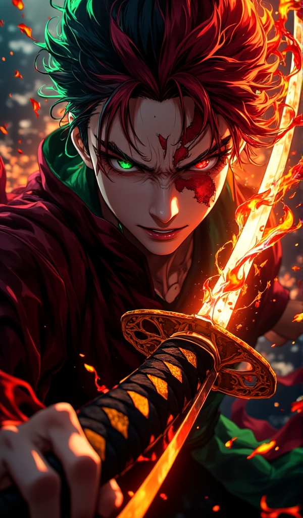 Colorful  Crazy Colors  particle crushing effect  ccccci  red hair, black hair, male focus, sfw, green eyes, flame, katanas, holding, holding weapon, weapon, fire, black_eyes, holding sword, 1boy, scar, solo, scar on face, katana, looking at viewer, swords, scar on cheek, multicolored hair, multicolored eyes, scars on face, holding sword, facial scar, two-tone hair, scars, open mouth, pov eye contact, black hair with red eyes