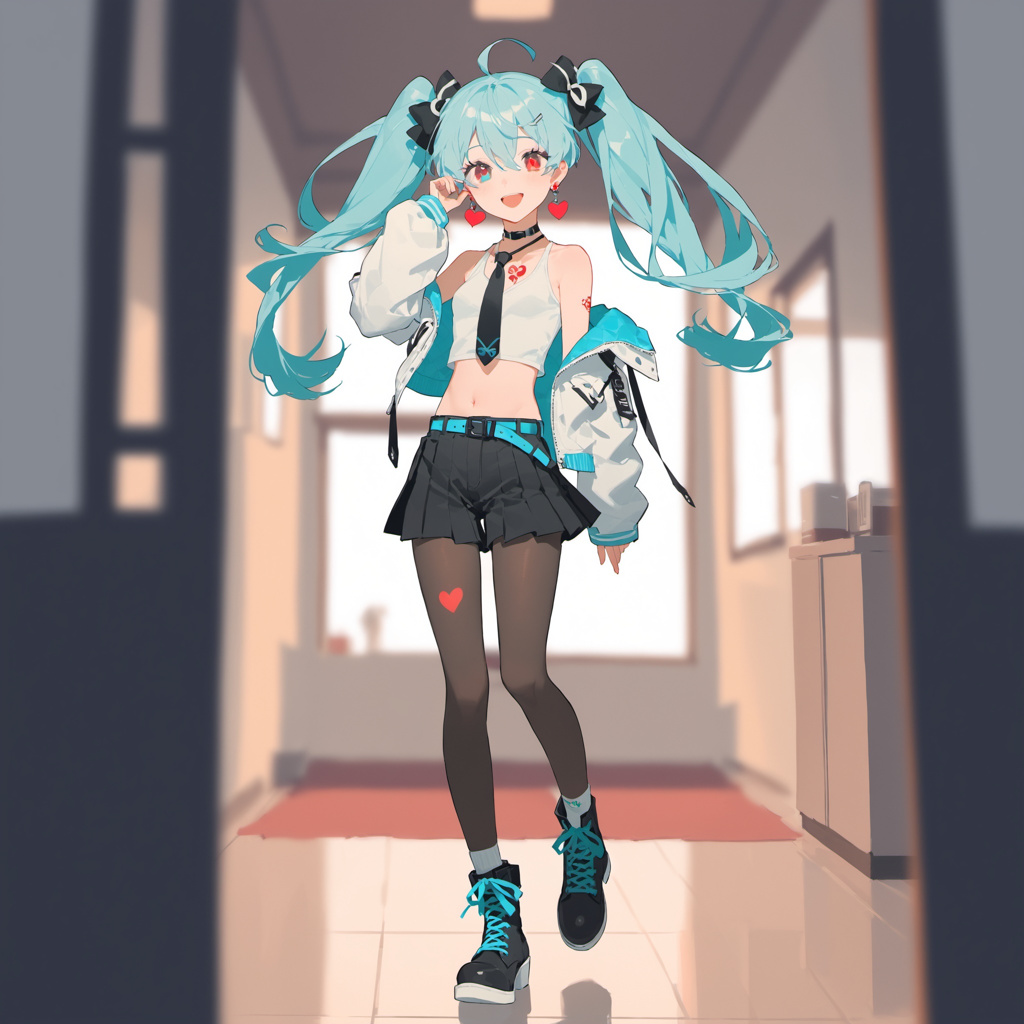 shanyao_jiang_tororo,ciloranko,tianliang duohe fangdongye,1girl, solo, long hair, twintails, very long hair, chromatic aberration, high heels, looking at viewer, standing, jacket, blue hair, skirt, tattoo, aqua hair, blue eyes, full body, floating hair, boots, off shoulder, blurry, indoors, black skirt, bare shoulders, bangs, pantyhose, white jacket, long sleeves, open clothes, hair ornament, open jacket, depth of field, shirt, black footwear, choker, jewelry, parted lips, blurry background, red eyes, sleeveless, smile, hair between eyes, aqua eyes, belt, closed mouth, breasts, alternate costume, midriff, collarbone, earrings, heart, bow, white shirt, eyelashes, shorts, pleated skirt, multicolored eyes, open mouth, crop top, hand up, navel, small breasts, sleeves past wrists, socks, ribbon, collar, necktie, hair bow, black shorts, glowing, miniskirt, shoes, ahoge