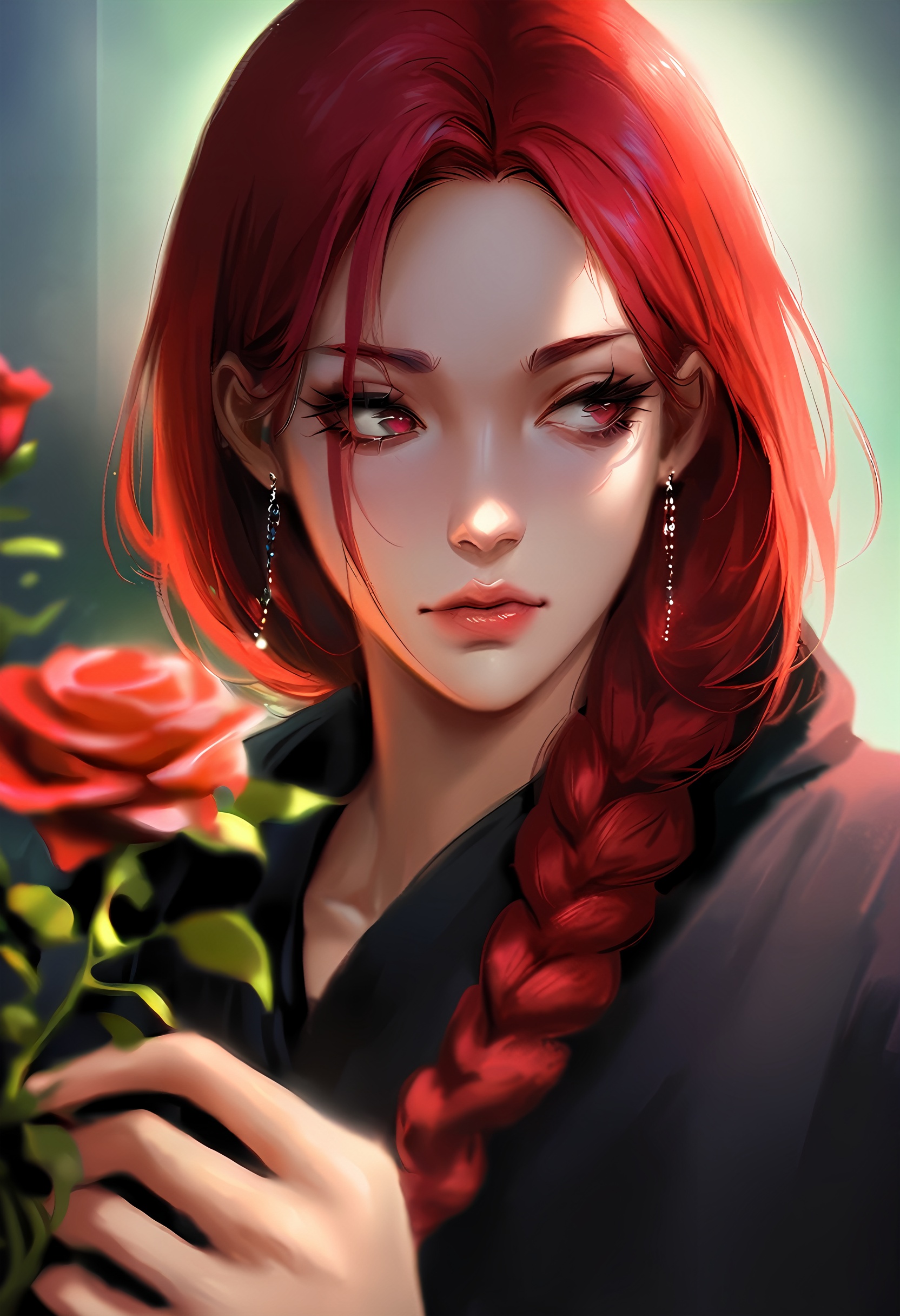 (画风11:1),braid, a girl holding a red rose in her hand, with deep red long hair, brownish red eyebrows, deep red eyes, black long eyelashes, petite nose, pink lips, ear, slender fingers, silver earrings, black top, black bra, light shone on her from the side, oblique light, lacteal sulcus, depth of field, flower, upper body, her head is slightly tilted, digital art, red hair, soft focus, moody lighting, red and black color palette, semi-realistic style, detailed facial features, selective focus, pensive expression, painterly texture