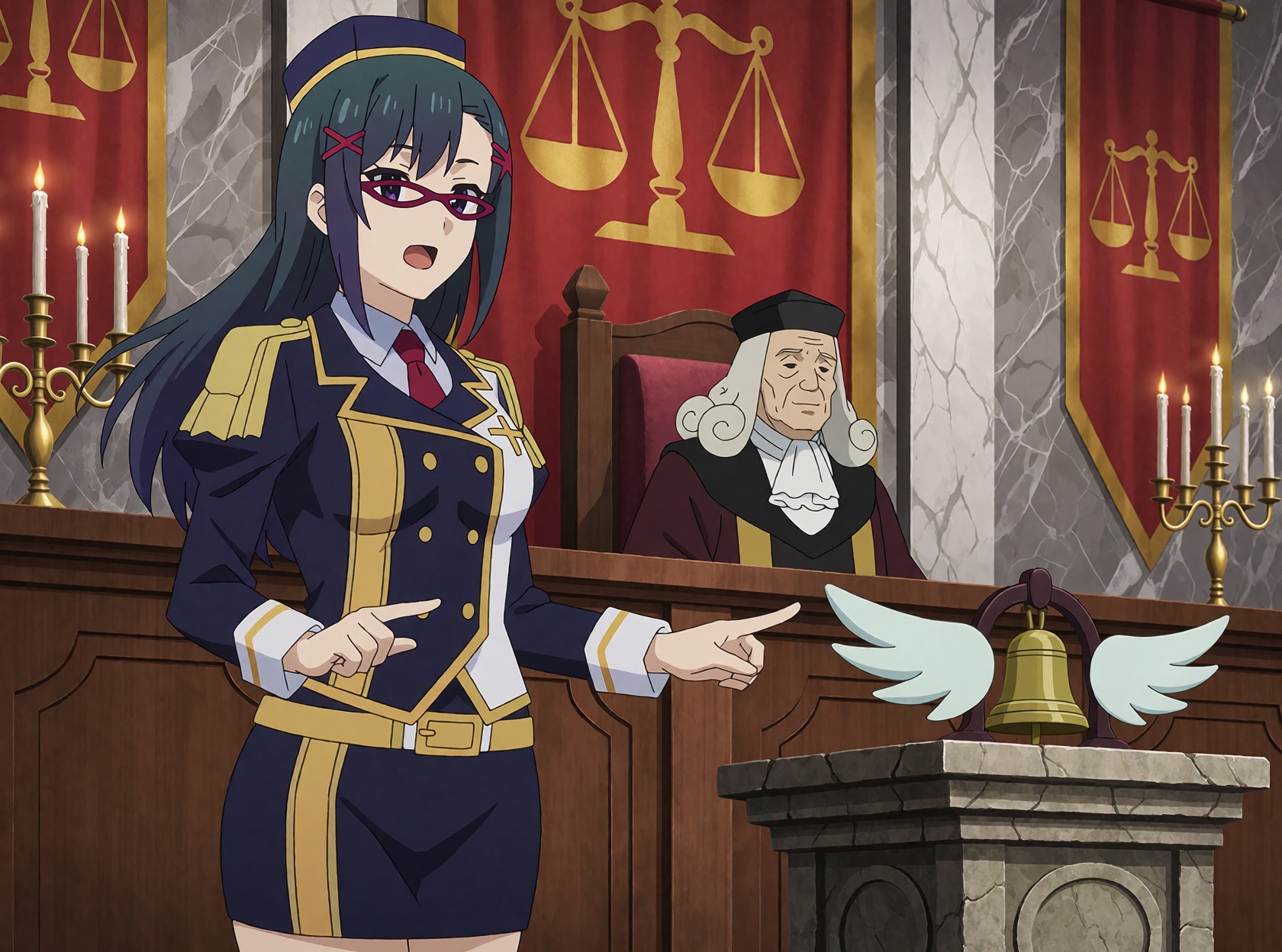 Sena from KonoSuba,  an ***** woman,  stands in a courtroom and points forward with one hand while the other is held lower...